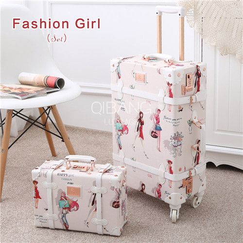 12&amp;quot; 20&amp;quot; 26&amp;quot; 3PCS Set Fashion Girl Retro Rolling Luggage Bagages PU Suitcase Trunk Vintage Luggage