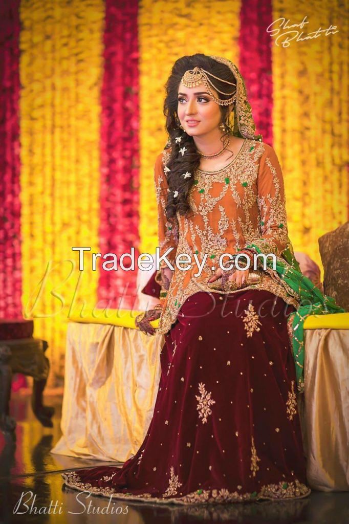 Bridal Mehndi Dress with Chiffon Embroidered Shirt and Velvet Embroidered Lehnga