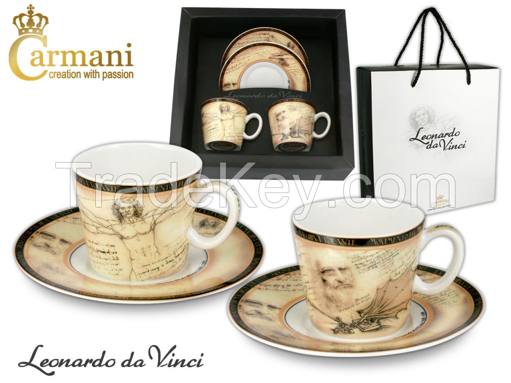 Set Of 2 Espresso Cups- L. Da Vinci- Vitruvian Man/ Flying Machine