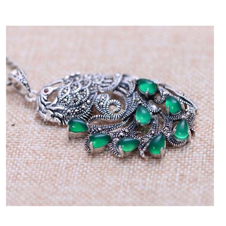 Vintage Thai Sterling Silver Green Agate with Marcasite Peafowl Pendant Necklace(N017961W)