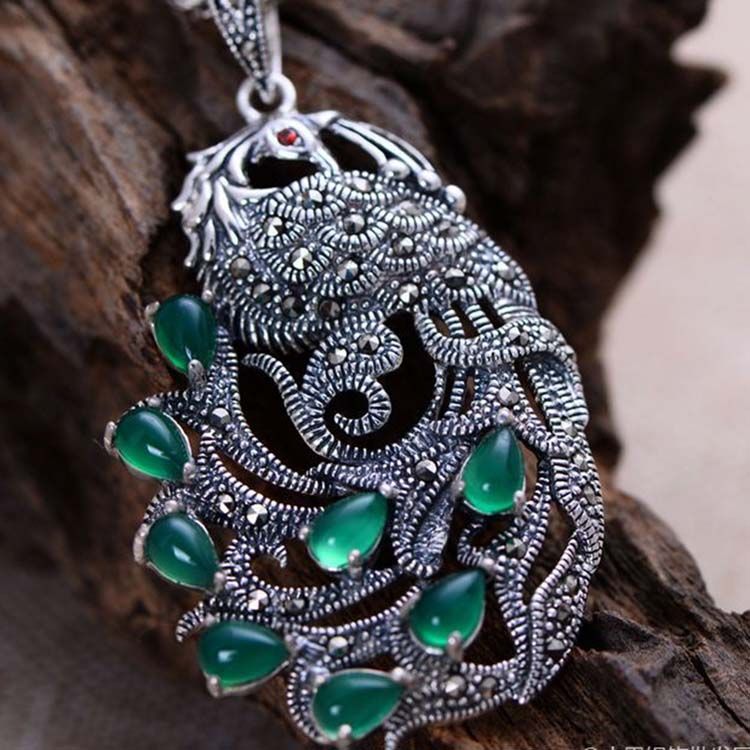 Vintage Thai Sterling Silver Green Agate with Marcasite Peafowl Pendant Necklace(N017961W)