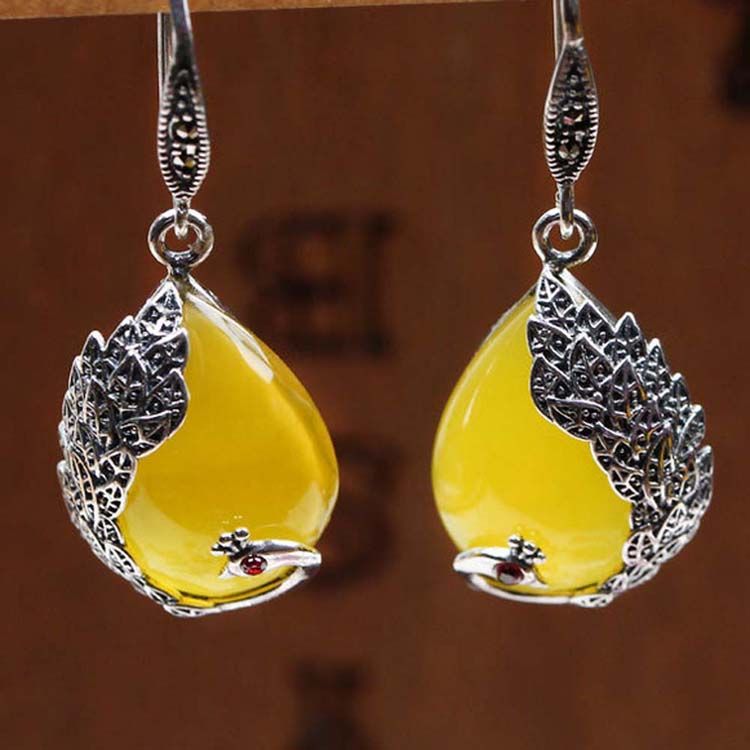 Thai Sterling Silver Yellow Chalcedony Drop Retro Earrings (E170619YELLOW)