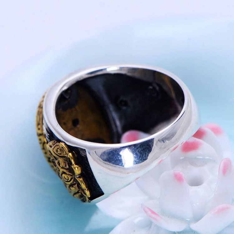 Mens 925 Silver Golden Two Tone Retro Dragon Black Silver Ring (xh047664w)