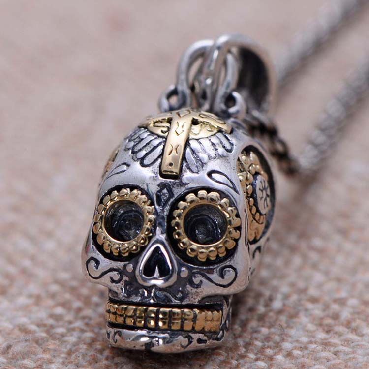 Men and Women Sterling Silver Necklace with Two Tone Skull Pendant(XH052035W)