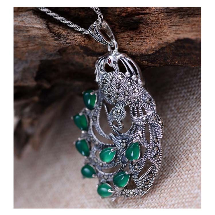 Vintage Thai Sterling Silver Green Agate with Marcasite Peafowl Pendant Necklace(N017961W)