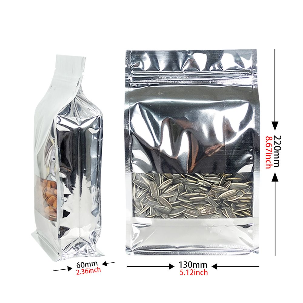 Silver aluminum foil flat bottom zipper food packaging bag with window