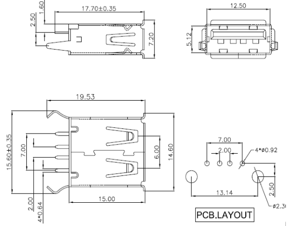 USB A Type Female Connector - Vertical Kinked Tabs 15.0 - No.U8336