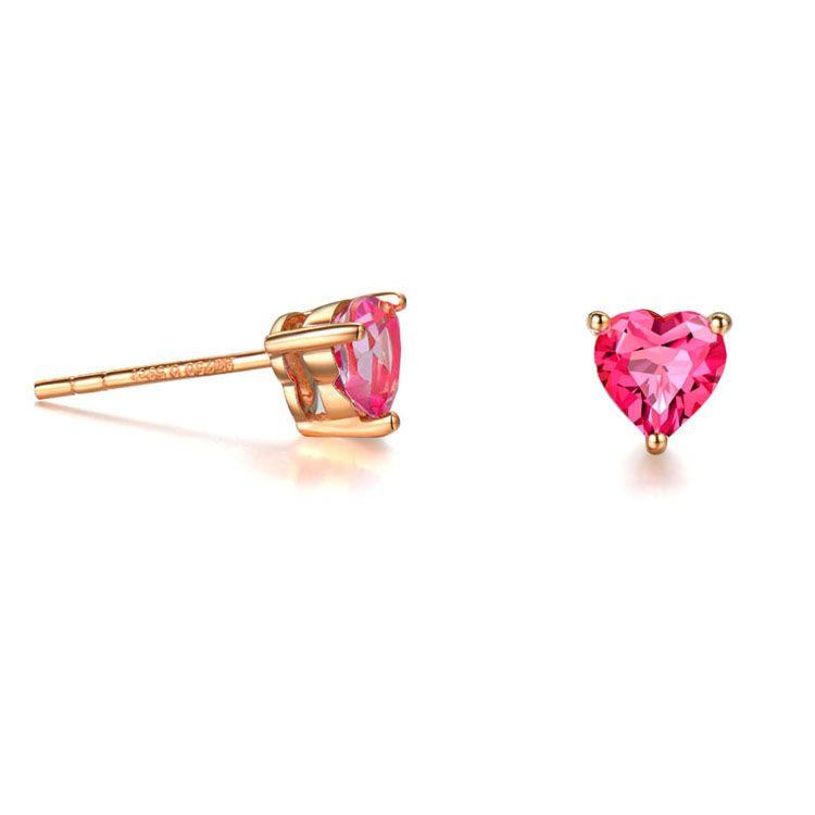 18K Rose Gold Ruby Heart Shape Stud Earrings Women Jewelry(KE001PINK)