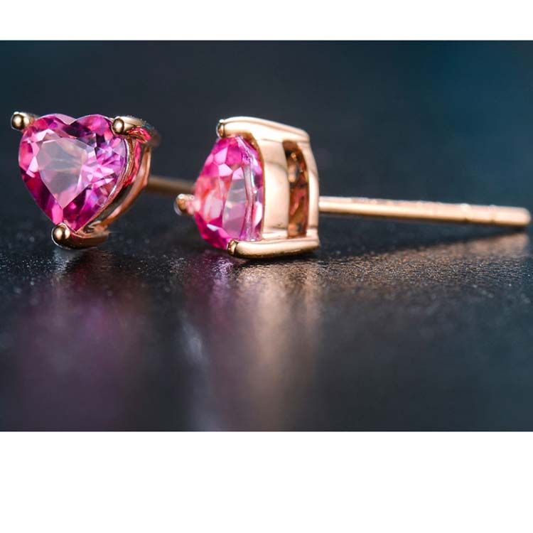 18K Rose Gold Ruby Heart Shape Stud Earrings Women Jewelry(KE001PINK)