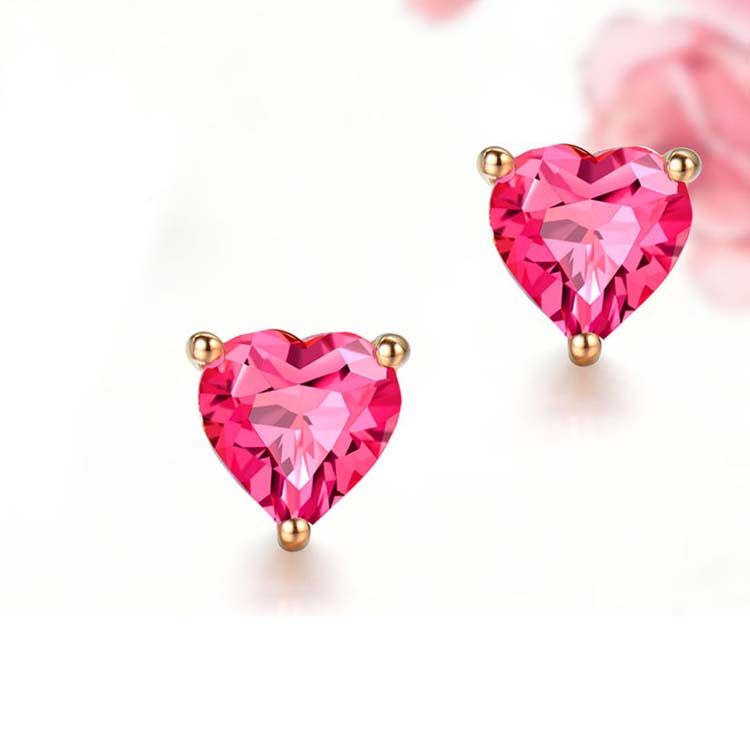 18K Rose Gold Ruby Heart Shape Stud Earrings Women Jewelry(KE001PINK)