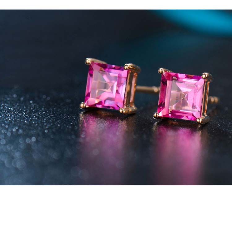 Rose Gold Princess Ruby Stud Earrings Women Fine Jewelry (KE003PINK)