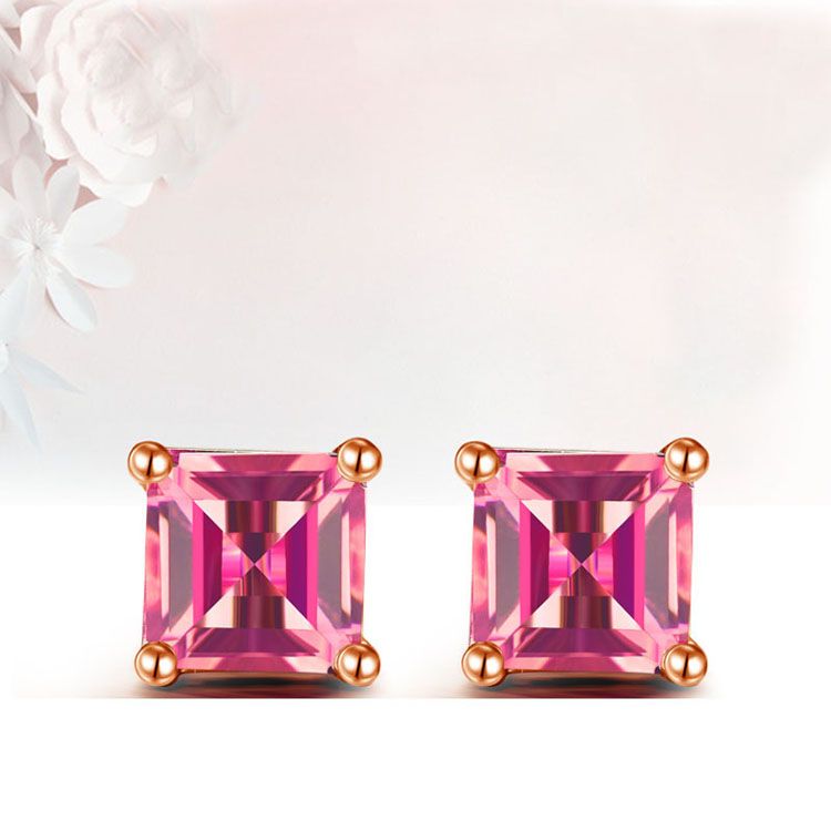 Rose Gold Princess Ruby Stud Earrings Women Fine Jewelry (KE003PINK)