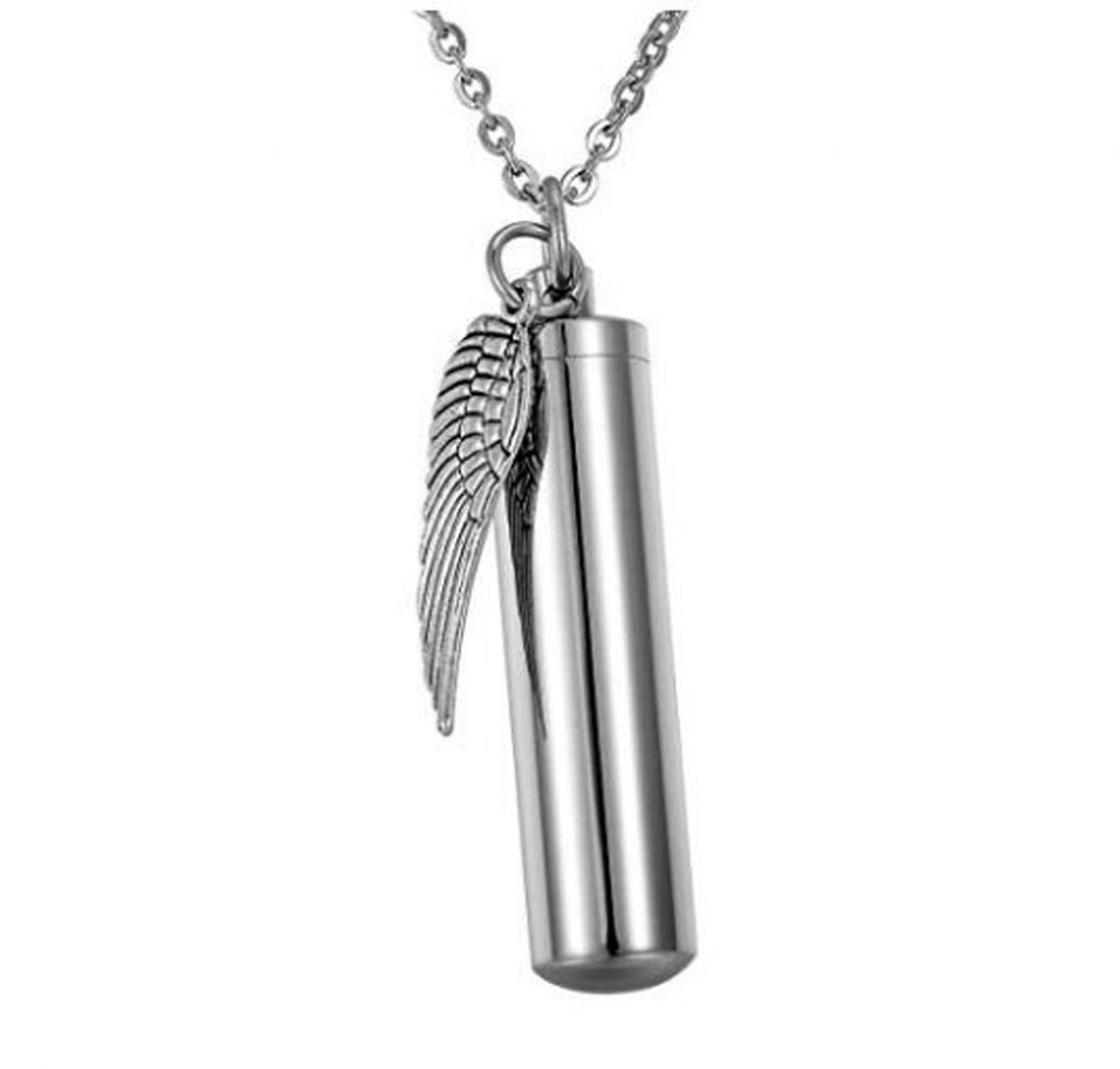 Silver Angel Wing Charm &amp; Cylinder Memorial Urn Necklace Stainless Steel Cremation Jewelry