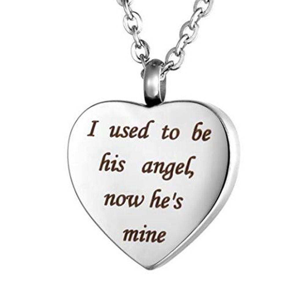 Heart Cremation Urn Necklace Memorial Keepsake Pendant Jewelry - Engraved I used to be his angel, now he's mine