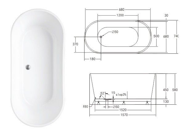 1.75 Meters Shallow Compact Acrylic Free-Standing Bathtub TCB020D