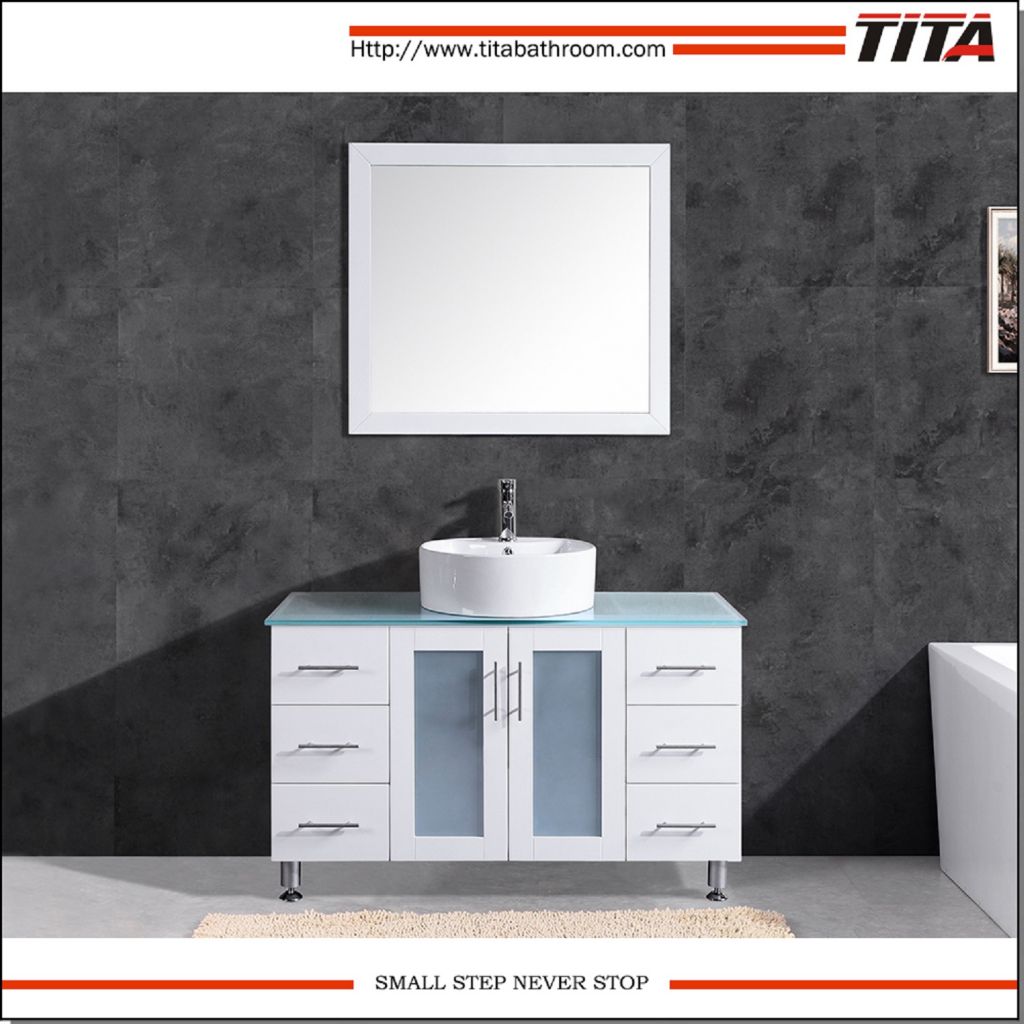 Floor Standing Tempered Glass Countertop Bathroom Vanity with Round Ceramic Sink T9140-48