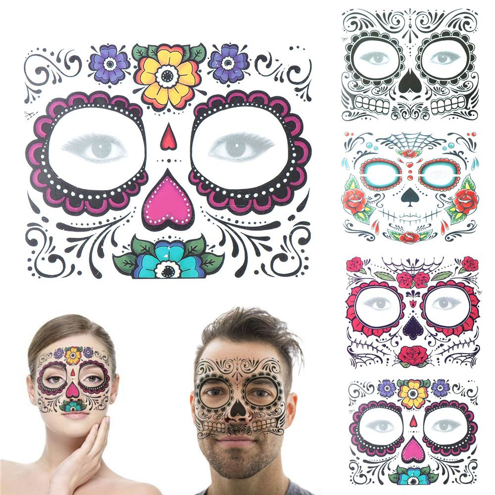 Day of The Dead Skull Face dress up Temporary Tattoo Stickers Pop Halloween Party Facial makeup Special Waterproof Face Tattoos