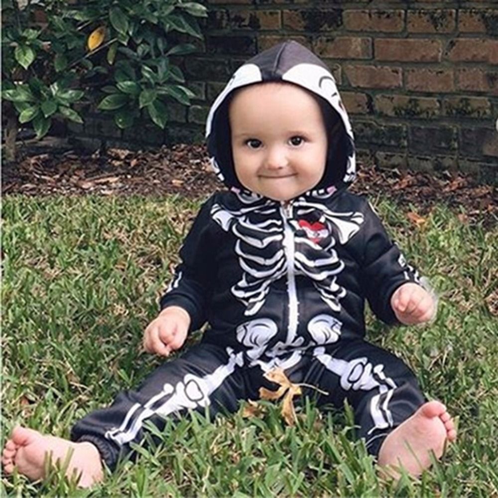 Fashion Halloween Suit Infant Baby Boys Hooded Skeleton Skull Printing Romper Long Sleeve Black Zipper Clothes Costume Boys Hooded