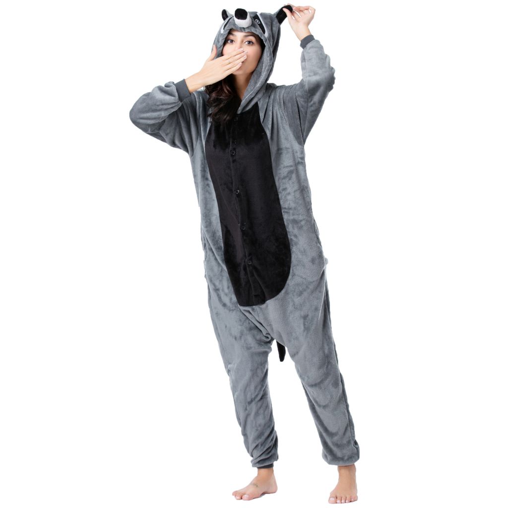 Wholesale Adult Sexy Adult Onesie Pajamas Custom Gray Raccoon Kigurumi Flannel Women Pajamas Kigurumi Onesie Pajamas