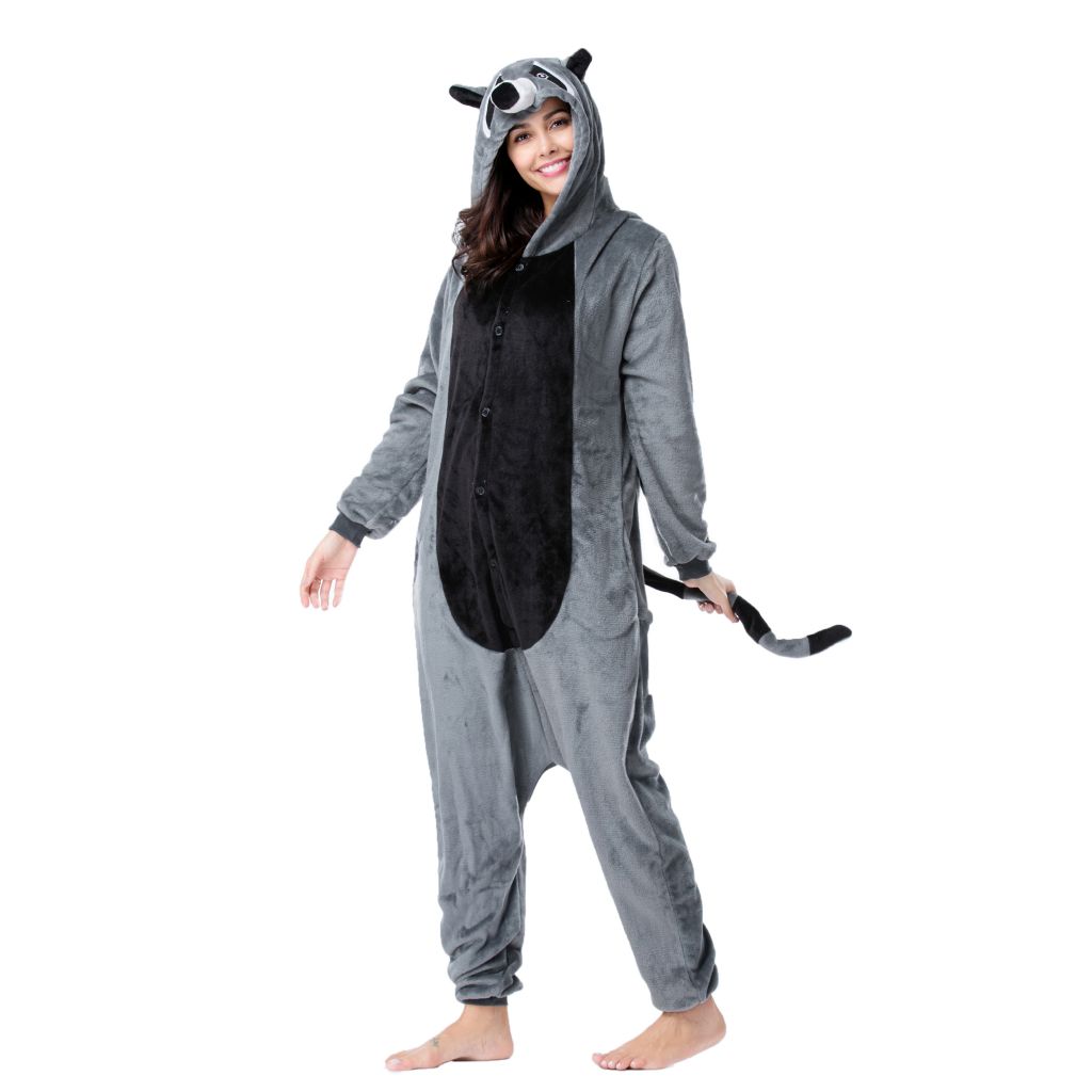 Wholesale Adult Sexy Adult Onesie Pajamas Custom Gray Raccoon Kigurumi Flannel Women Pajamas Kigurumi Onesie Pajamas 