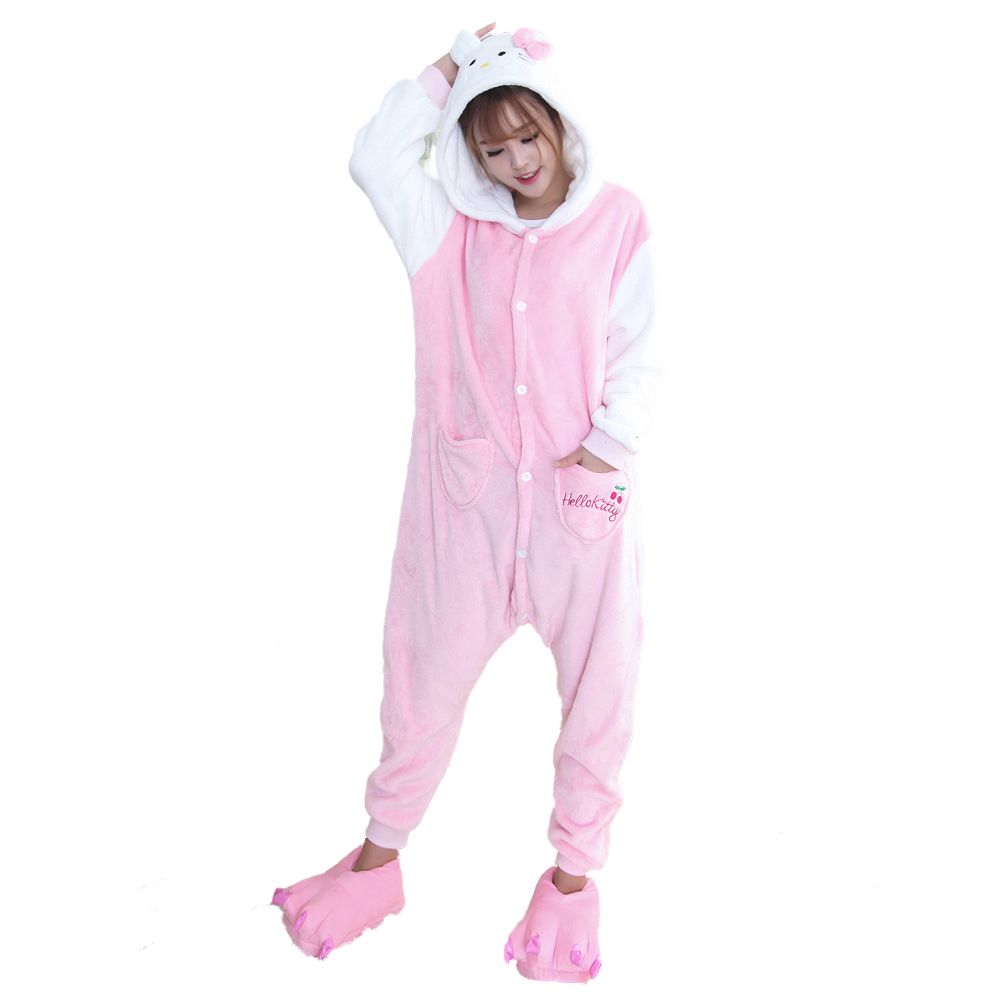 Wholesale Adult Pajamas Sexy Adult Hello Kitty Kigurumi Flannel Women Pajamas Kigurumi Onesie Pajamas