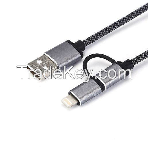 Metal Case 2 in 1 USB to Micro+Lightning Cable with Fabric Braided