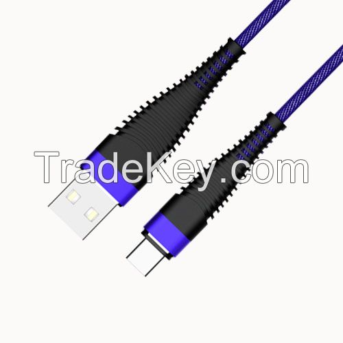 New design and Hot selling USB to Type C Fabric Braided Cable with Metal case and Long tail