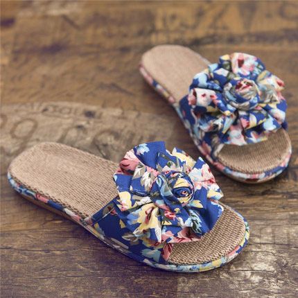 linen summer flower flat women slippers