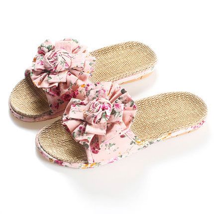 linen summer flower flat women slippers