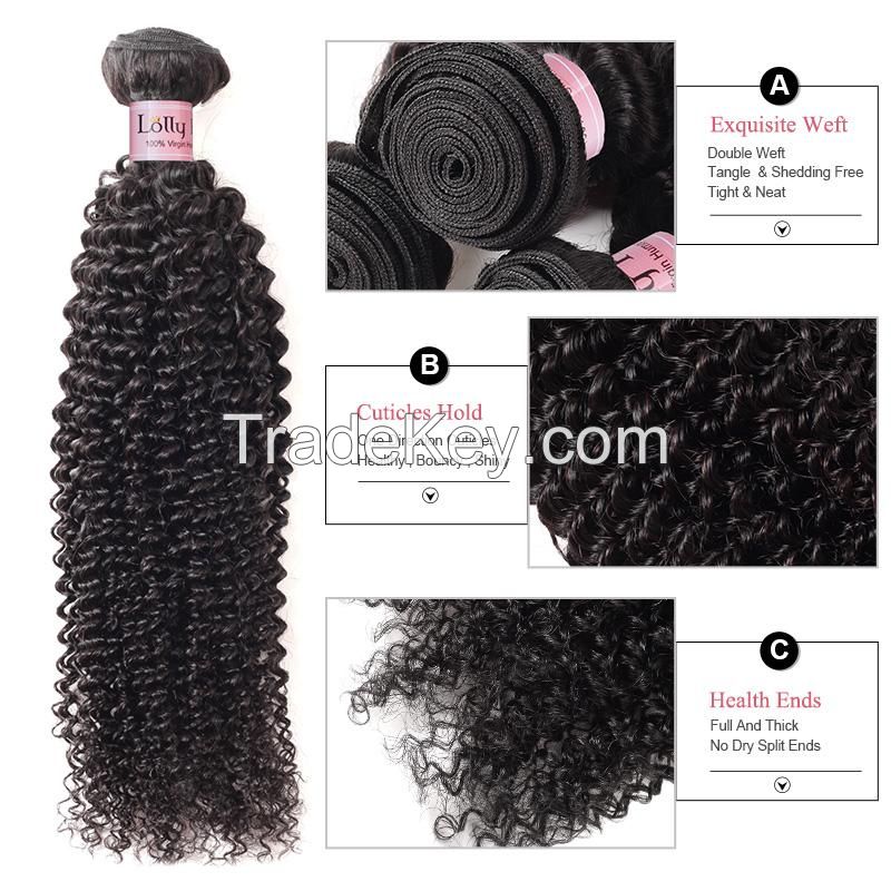 Lolly Unprocessed Kinky Curly Human Hair Weaves 4 Bundles with 13*4 Lace Frontal Closure