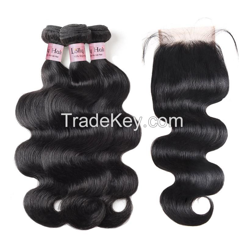 Lolly Brazilian Virgin Hair Weave 3Bundles Body Wave Human Hair Extensions 3Bundles with Lace Closure