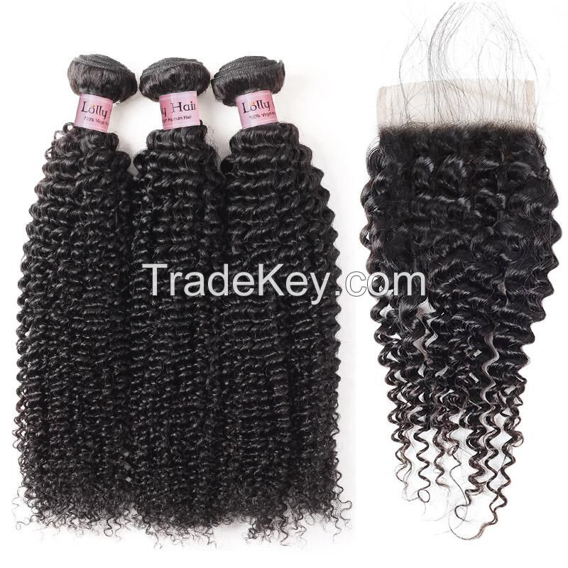 Lolly 100% Brazilian Virgin Kinky Curly Hair Extensions Bundles with Lace Closure 