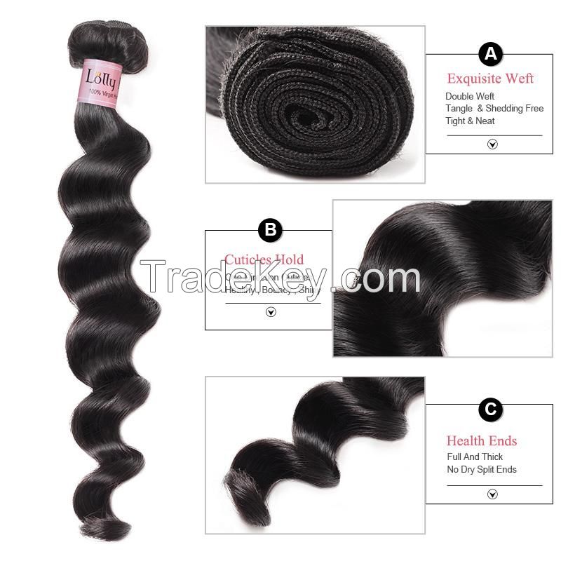 Lolly  Brazilian Virgin Loose Deep Wave Human Hair Extensions 3Bundles with Lace Closure