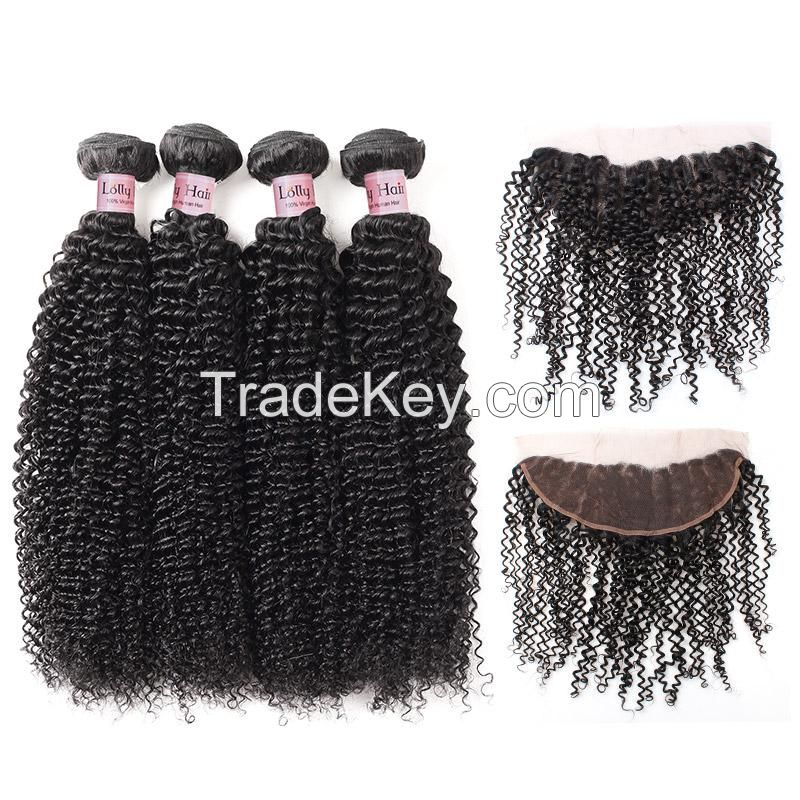 Lolly Unprocessed Kinky Curly Human Hair Weaves 4 Bundles with 13*4 Lace Frontal Closure
