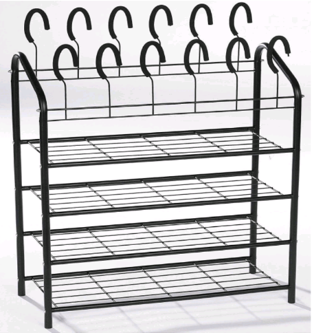 4 tier metal wire shoe rack with hooks