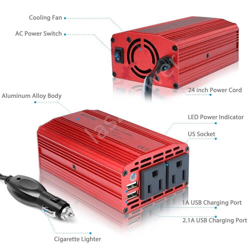 BESTEK 300W Dual DC 12V to 110V AC Outlets Power Inverter Car Adapter 2 USB Port