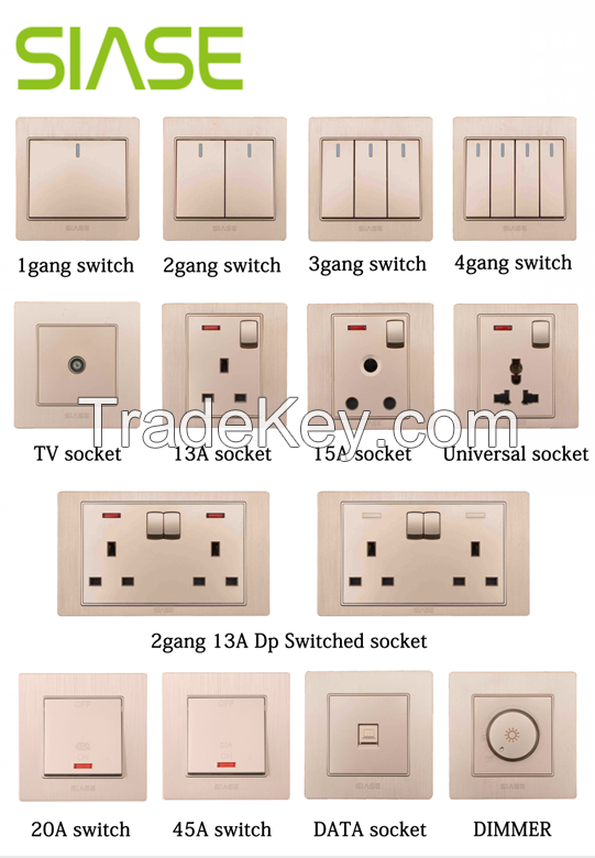 Factory Offer Siase Brand Siase 1-4 gang switch, single and double socket,  dimmer switch,  speed controller, TV socket, data socket