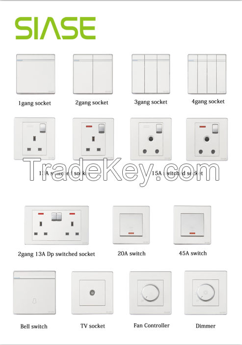 Factory Offer Siase Brand Siase 1-4 gang switch, single and double socket,  dimmer switch,  speed controller, TV socket, data socket
