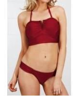 Women Summer Lace Vest Push-Up Padded Bra Beach Bikini Set Wine Red Lo