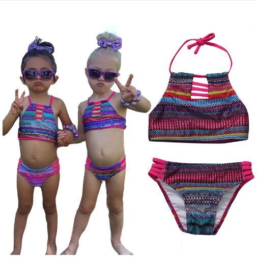 2018 New Baby Girls Two Piece Color Stripe Swimisuits Babies Stripes S