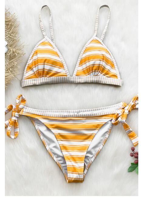 Yellow striped print bikini