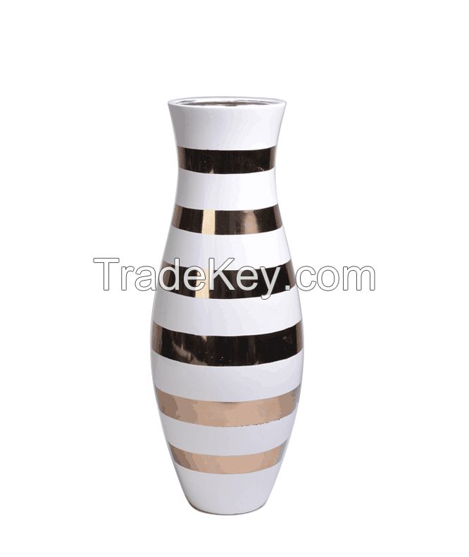 18" tall vase, white with gold stripes 