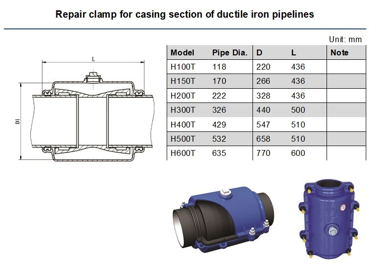 pipe clamps, pipe repair tee, pipe fitting, pipe leak repair clamp, water stopper- casing section of ductile iron pipes