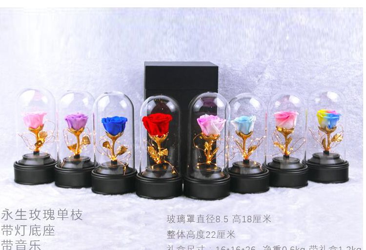 Latest preserved rose dried flower with led light in glass dome led