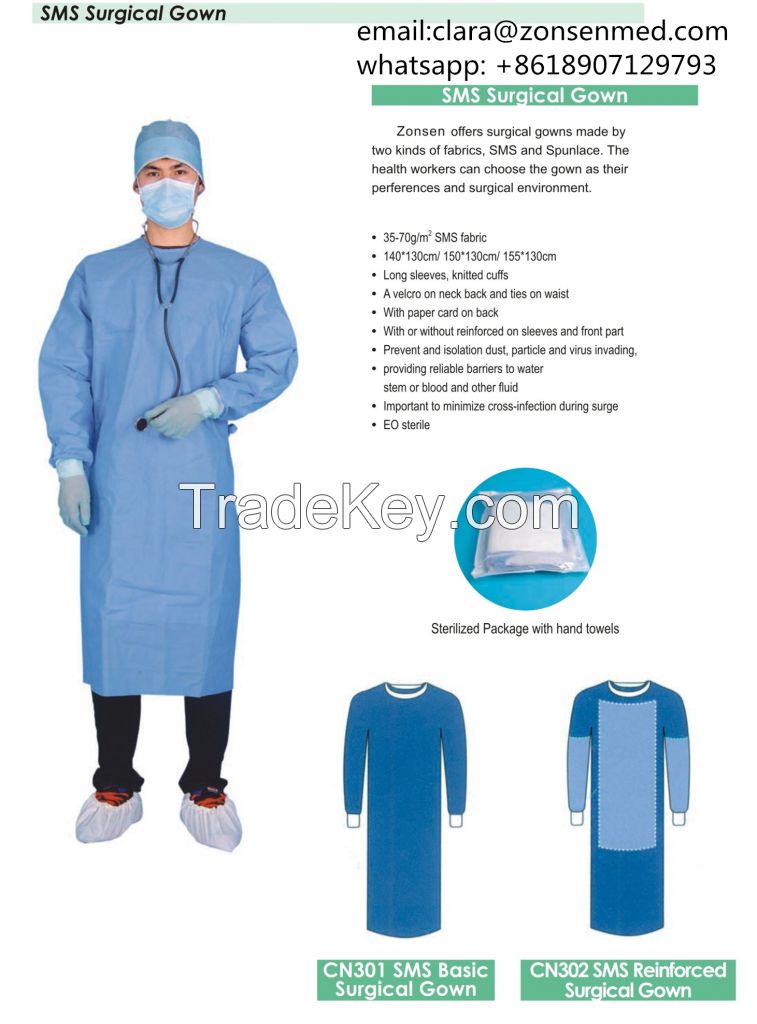 Disposable SMS SMMS Spun Lace AAMI Level 3 Surgical Gown with Reinforce