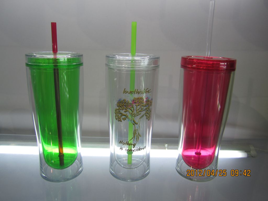 Acrylic plastic water cup double wall AS PS drinking juicer tumbler cup with straw