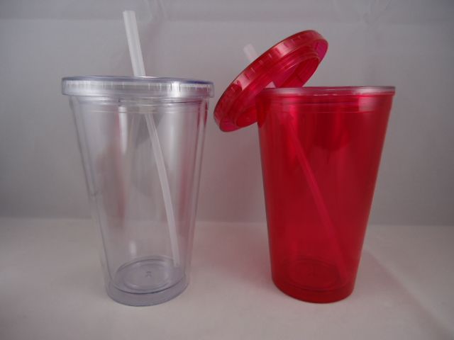 Acrylic plastic water cup double wall AS PS drinking juicer tumbler cup with straw