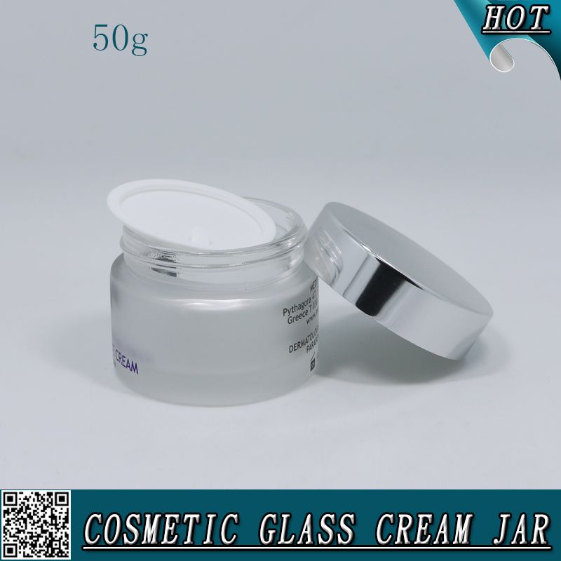 50ml frosted empty cosmetic glass cream jar with metal lids