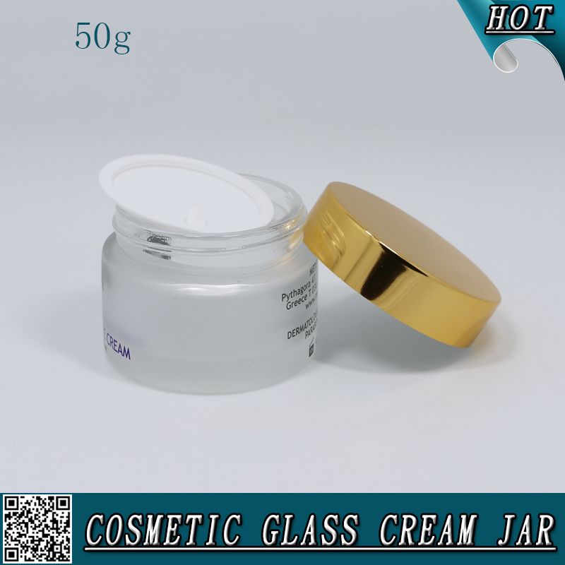 50ml frosted empty cosmetic glass cream jar with metal lids