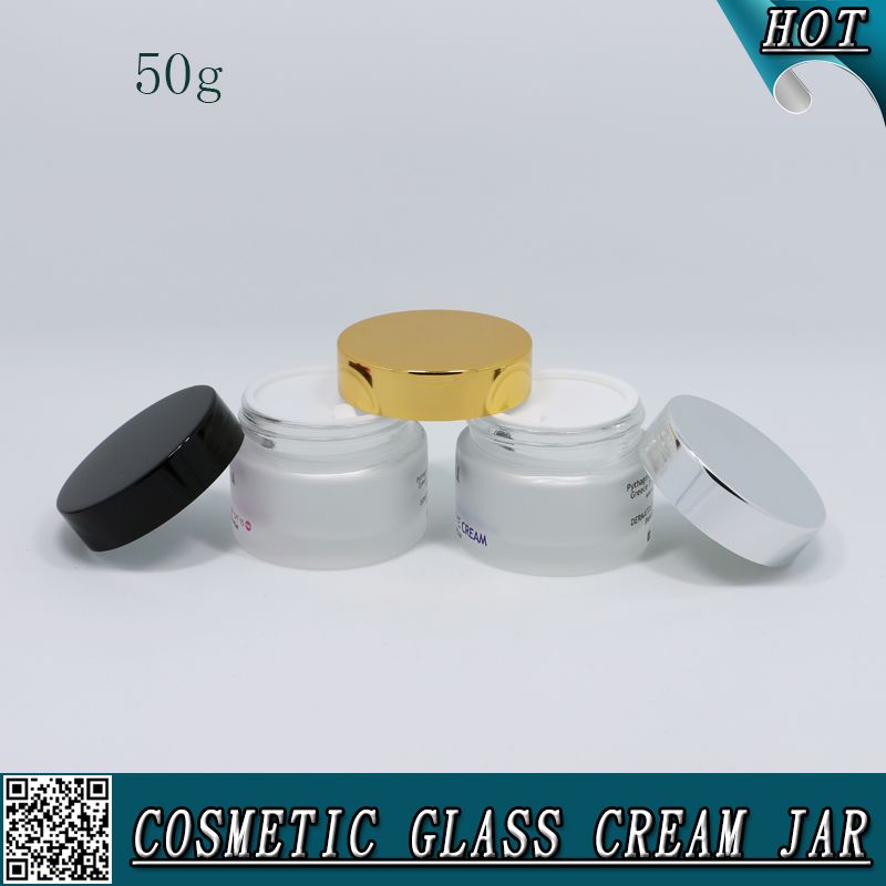 50ml frosted empty cosmetic glass cream jar with metal lids